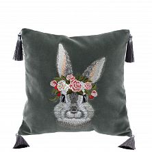 Подушка бархатная «Пушистый кролик» лицевая часть 62004-1-1, серо-зелёный / шёлк
