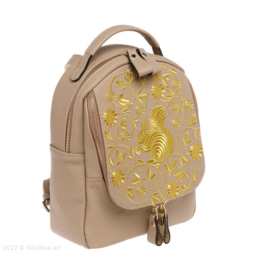 Рюкзак кожаный «Белочка в лесу» м.1110, бежевый/ золото нат. кожа Горлица-арт фото 2