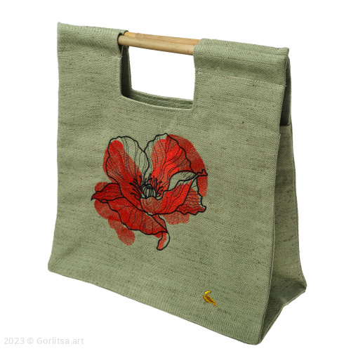 Сумка-шоппер «Красный мак » м0400, зелёный / шёлк парусина Горлица-арт фото 3