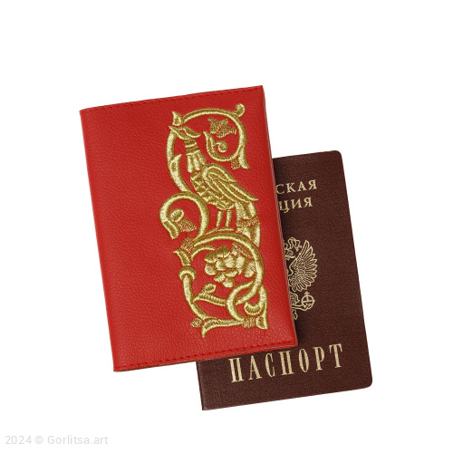 Обложка для паспорта «Райская птица» а10/64 красный / золото экокожа Горлица.Арт