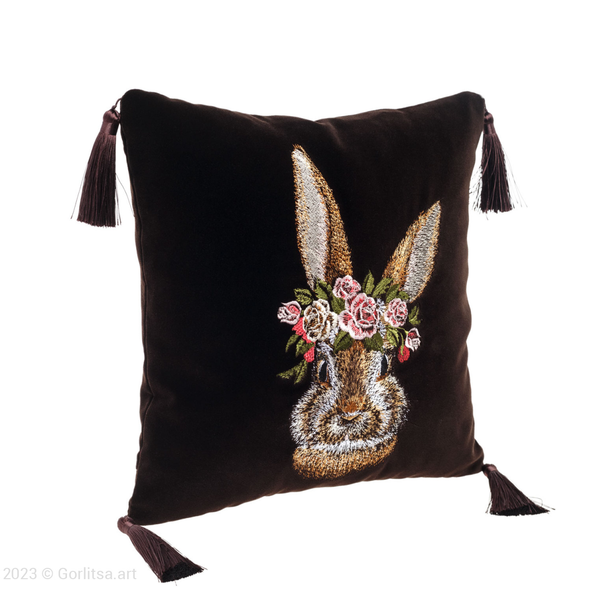 Подушка бархатная «Пушистый кролик» лицевая часть 62004-1, тёмно-коричневый / шёлк бархат Никифоровская мануфактура фото 2