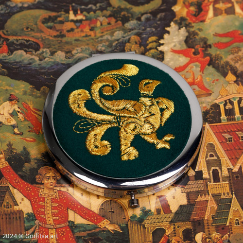 Зеркало с кнопкой «Сокол», р.97, зелёный/золото/ велюр велюр Горлица.Арт фото 2