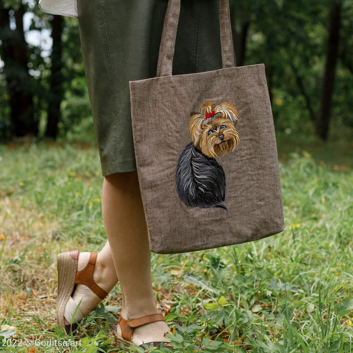 Льняная сумка-шоппер «Йоркширский терьер» 62011-14, коричневый / шёлк лён Никифоровская мануфактура фото 5