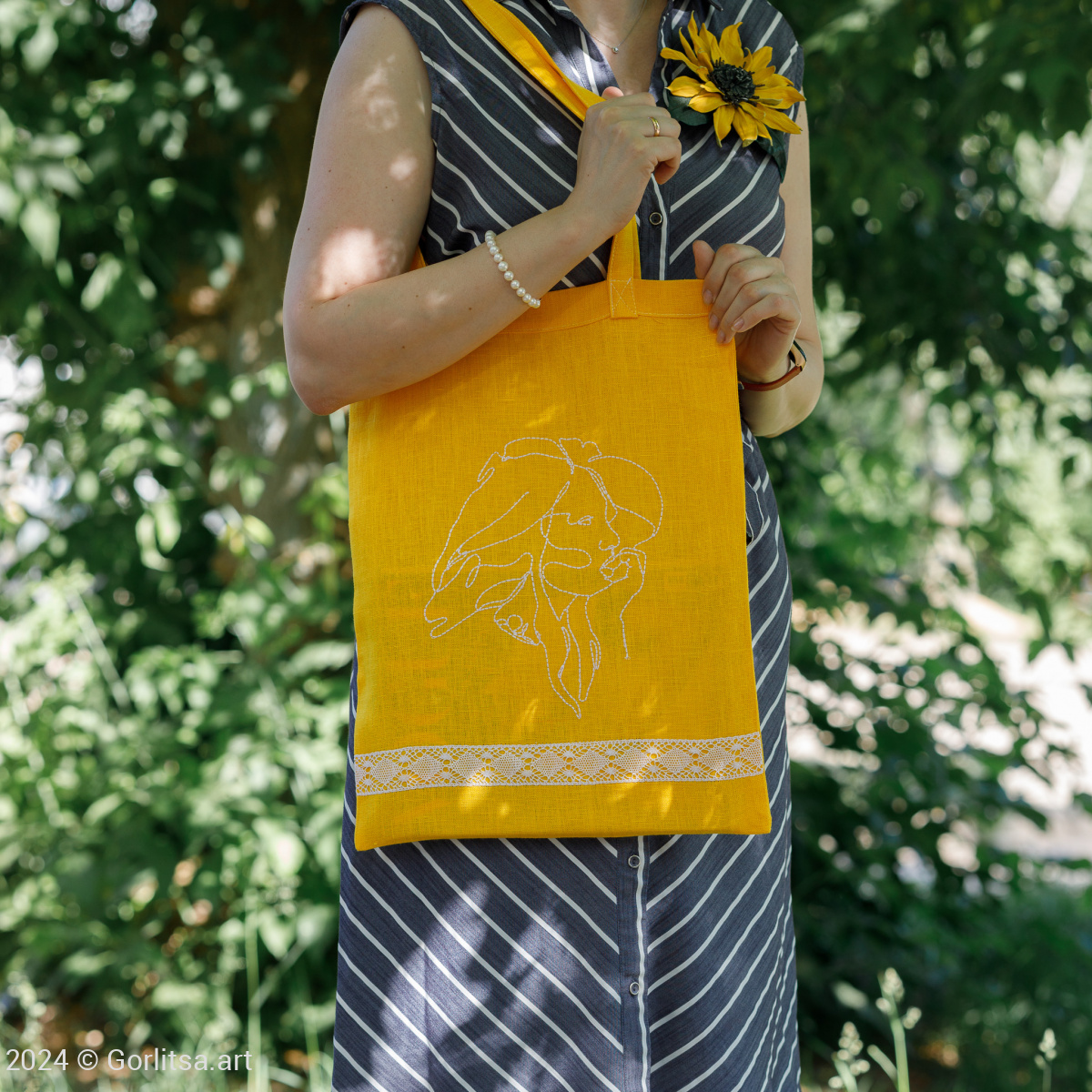 Льняная сумка-шоппер «Дева», жёлтый / шёлк лён Кружевной край фото 2