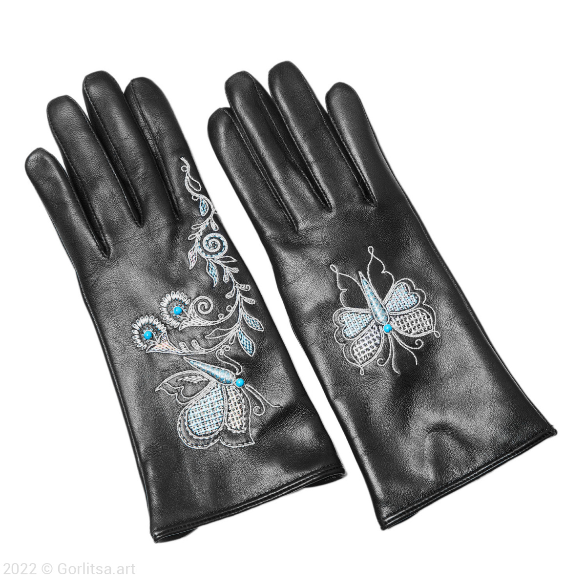 Перчатки женские «Бабочка»,112/154, цвет: чёрный, /серебро, кожа нат. кожа Киселева Г.А.
