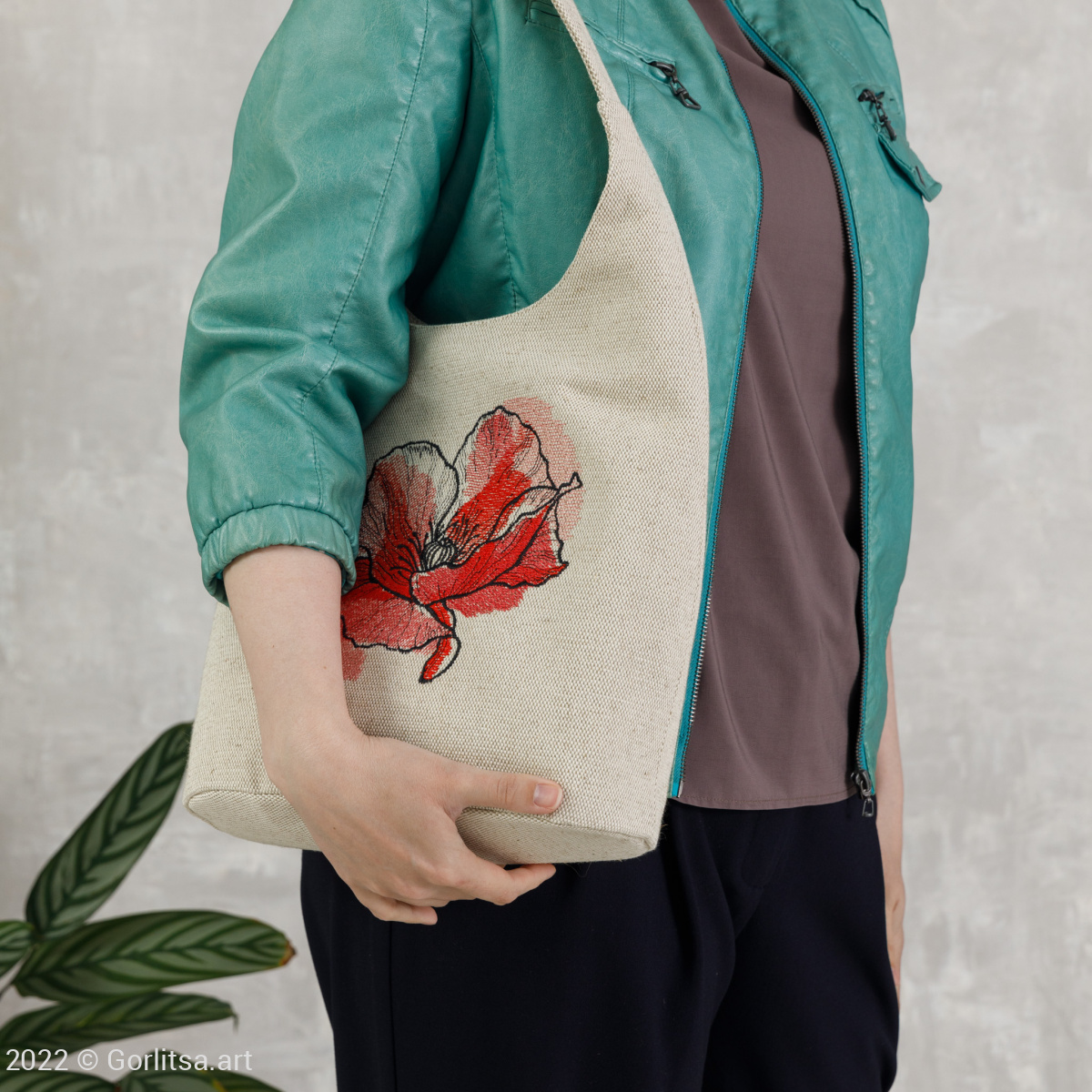 Льняная сумка «Красный мак» м303411 62081-1, серый / шёлк лён Никифоровская мануфактура фото 6