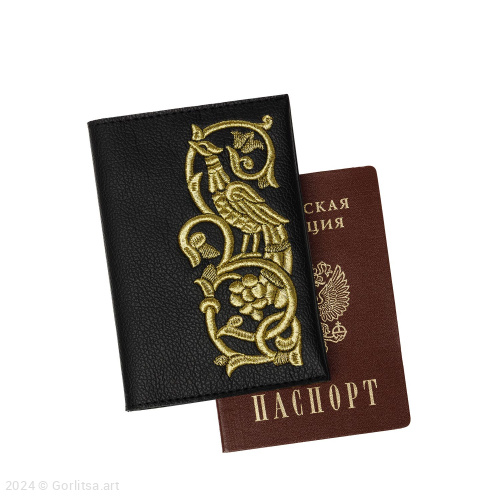 Обложка для паспорта «Райская птица» а10/64 чёрный / золото экокожа Горлица.Арт