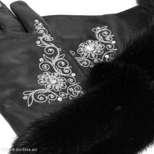 Перчатки с чёрной меховой опушкой, 20/39 цвет: чёрный / серебро / кожа кожа, мех норки Мастерская Ольги Ефремовны фото 5