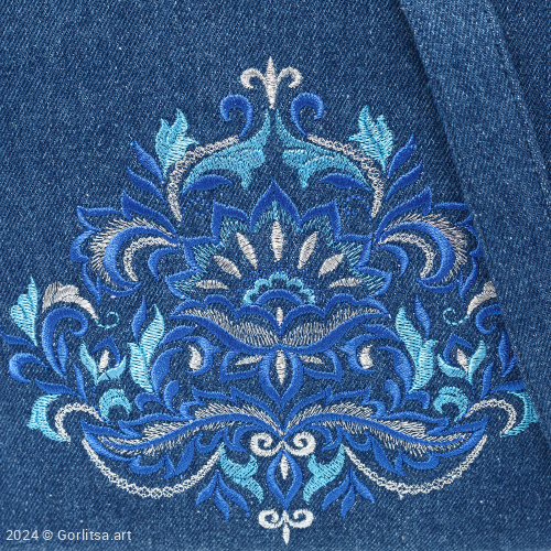Сумка «Каменный цветок» м.26207, 62058-1-2 джинса синяя/ шёлк нежно-голубой, серебро джинса Никифоровская м–ра фото 3