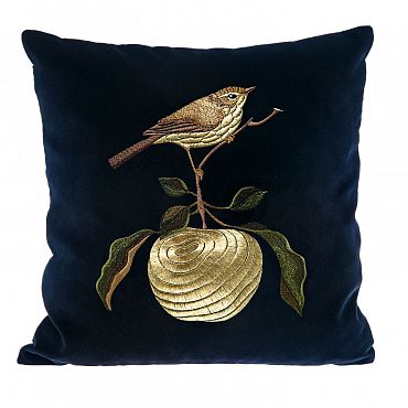 Подушка бархатная «Птичка на яблоке» 62019-4, тёмно-синий / золото, шёлк