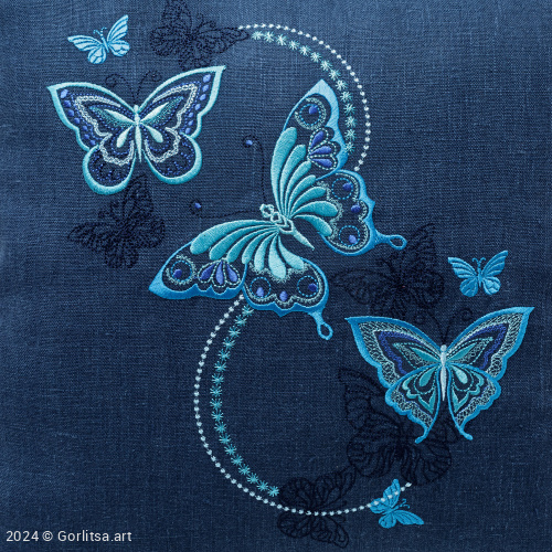 Подушка льняная «Бабочки» 62017-1-2, синий / шелк лён Никифоровская м–ра фото 3