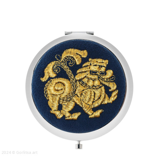 Зеркало с кнопкой «Лев», р.96, синий /золото/ велюр велюр Горлица.Арт