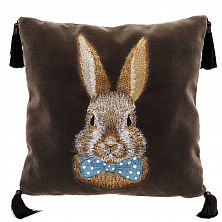 Подушка бархатная «Кролик с бабочкой», 62004-3, коричневый / шёлк, 40х40см