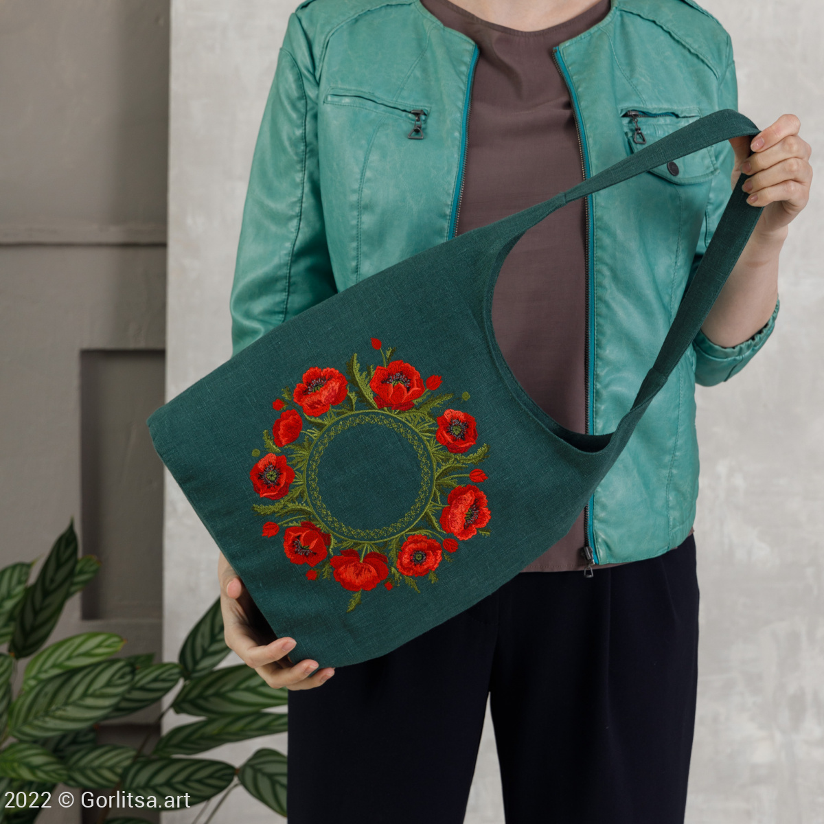 Льняная сумка «Маки» м303411 62082-1, зелёный / шёлк лён Никифоровская мануфактура фото 7
