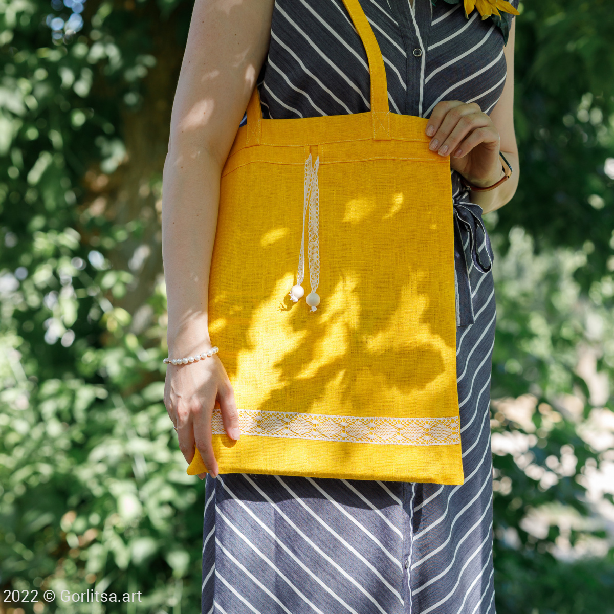 Льняная сумка-шоппер «Элеганс», жёлтый лён Кружевной край фото 2