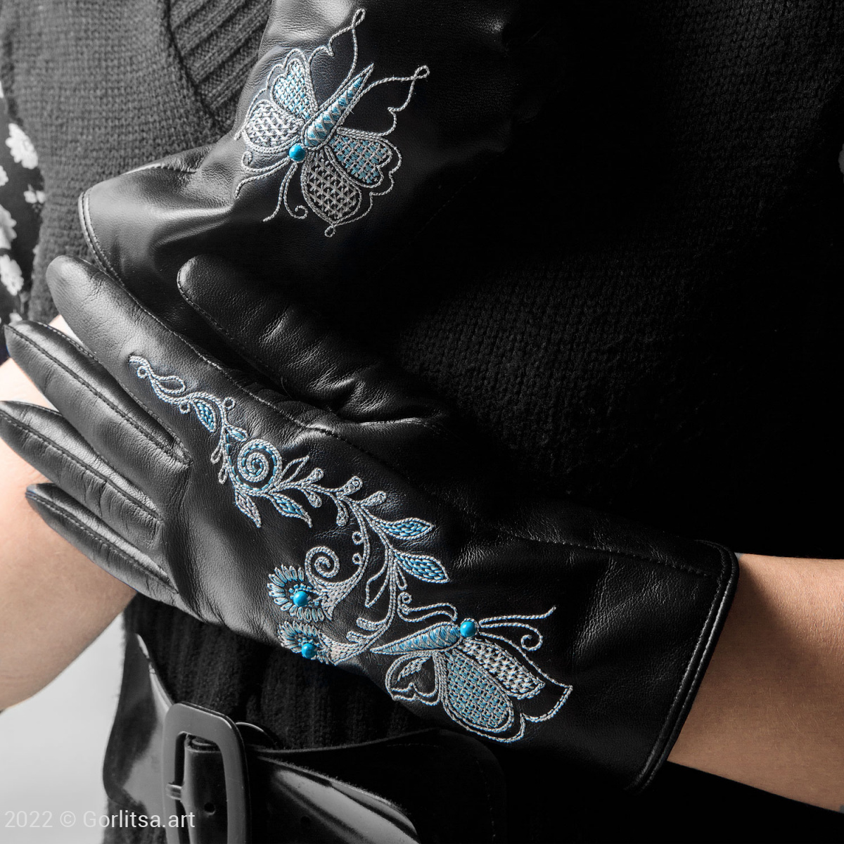 Перчатки женские «Бабочка»,112/154, цвет: чёрный, /серебро, кожа нат. кожа Киселева Г.А. фото 2