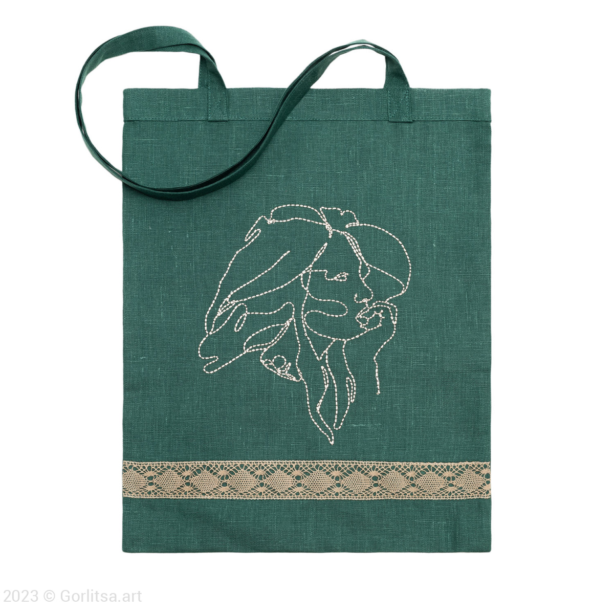 Льняная сумка-шоппер «Дева», зелёный / шёлк лён Кружевной край