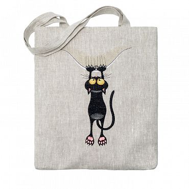 Льняная сумка-шоппер «Котик» 62011-13-3, серый/ шёлк 