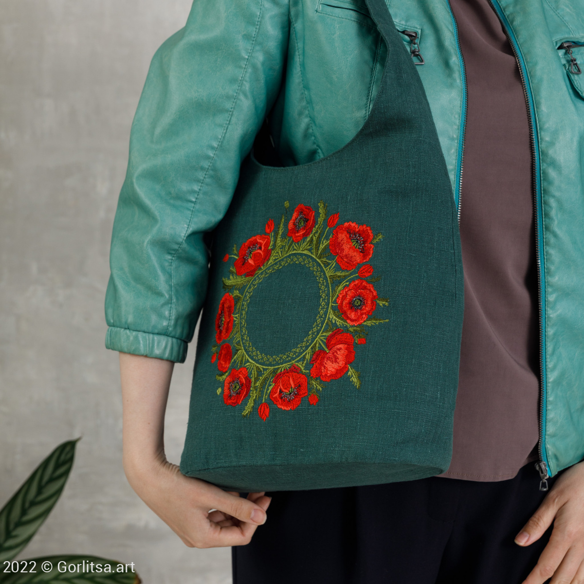 Льняная сумка «Маки» м303411 62082-1, зелёный / шёлк лён Никифоровская мануфактура фото 6