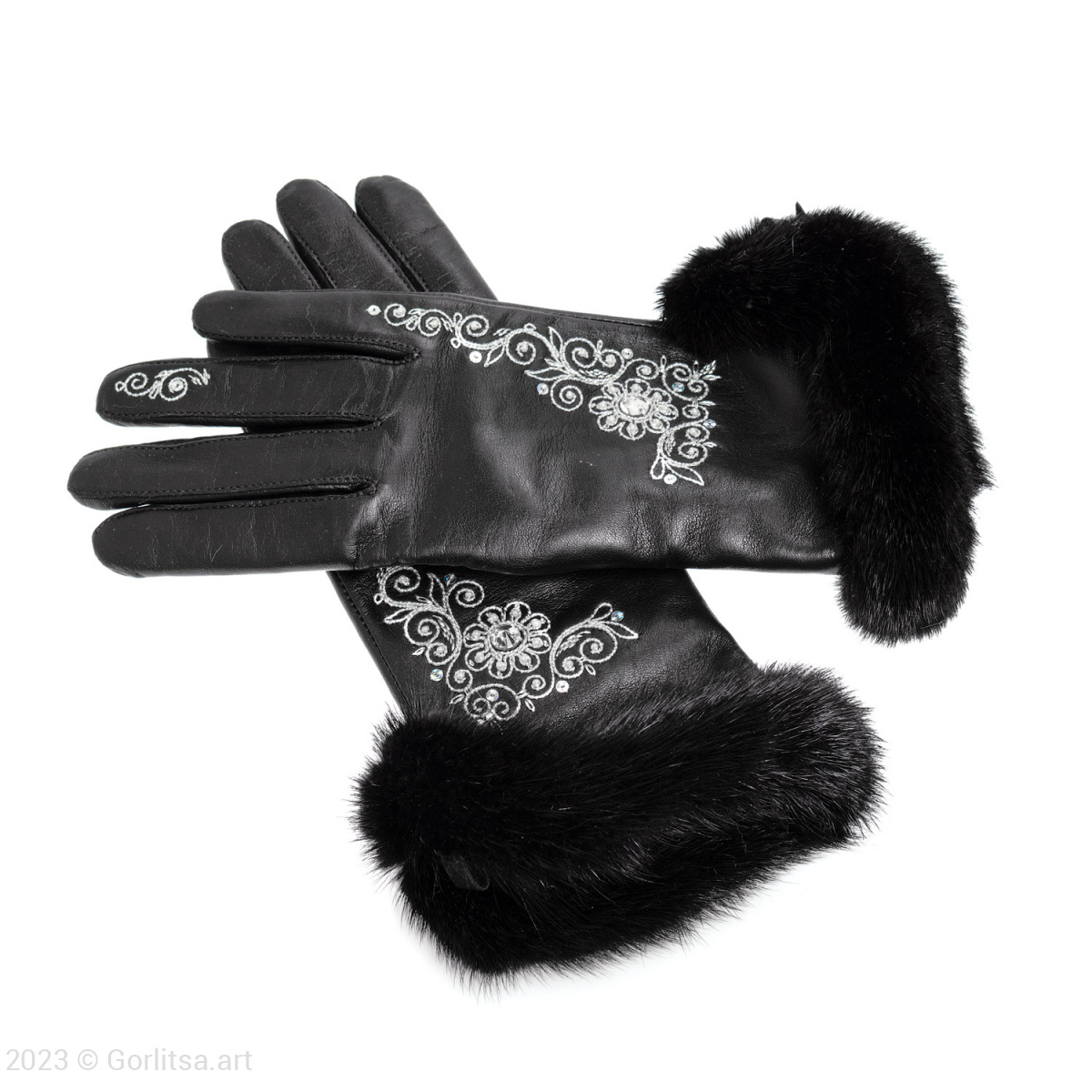 Перчатки с чёрной меховой опушкой, 20/39 цвет: чёрный / серебро / кожа кожа, мех норки Мастерская Ольги Ефремовны