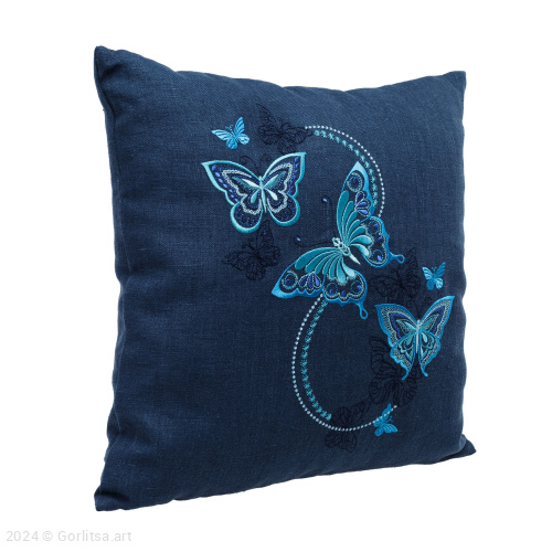 Подушка льняная «Бабочки» 62017-1-2, синий / шелк лён Никифоровская м–ра фото 2