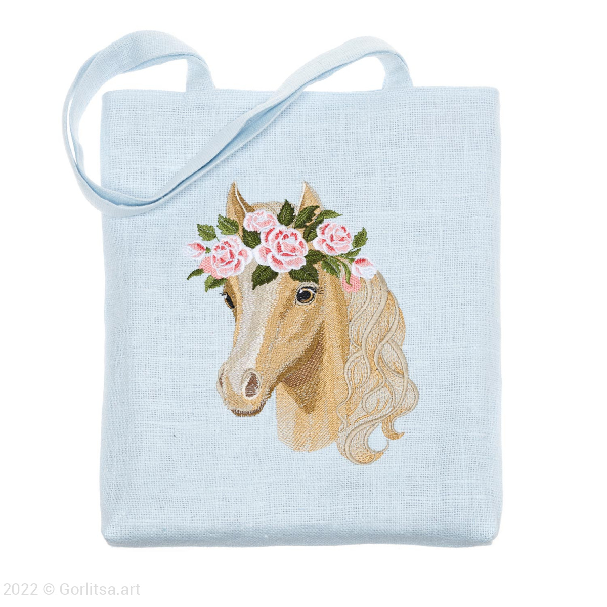 Льняная сумка-шоппер «Лошадь в цветах» 62011-8, голубой / шёлк лён Никифоровская мануфактура