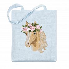 Льняная сумка-шоппер «Лошадь в цветах» 62011-8, голубой / шёлк