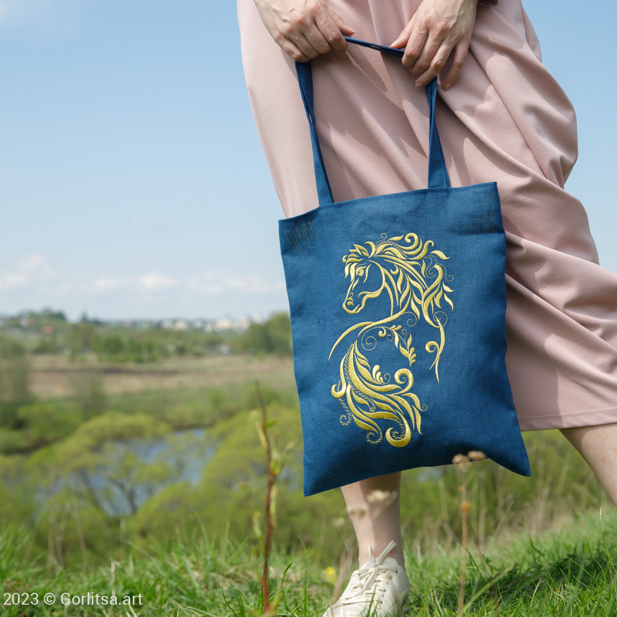 Льняная сумка-шоппер «Золотая лошадь» 62011-4, синий / золото лён Никифоровская мануфактура фото 5