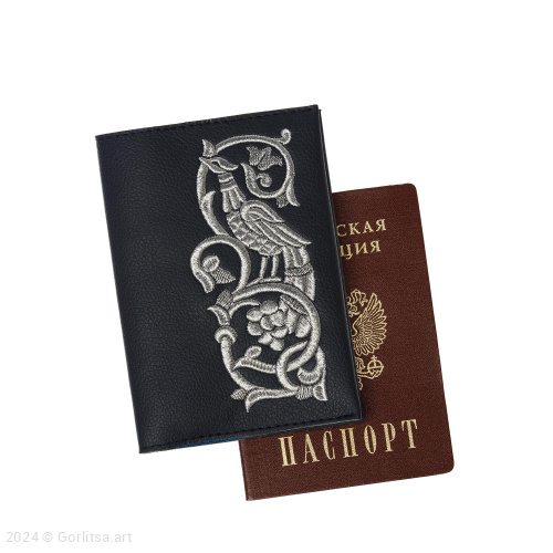 Обложка для паспорта «Райская птица» а10/64 синий / серебро экокожа Горлица.Арт