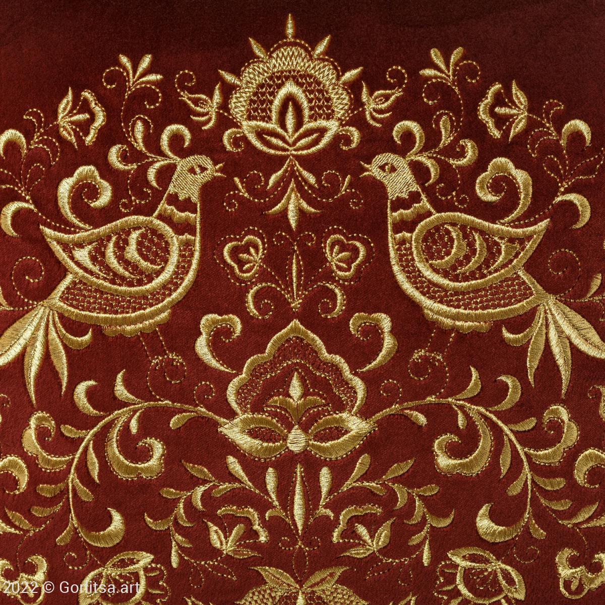 Подушка бархатная «Певчие птицы» 62000-7, коричневый / золото бархат Никифоровская мануфактура фото 3