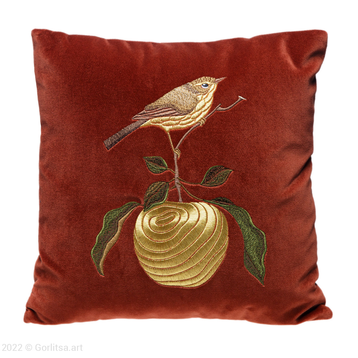 Подушка бархатная «Птичка на яблоке» 62019-4-1, терракотовый / золото, шёлк бархат Никифоровская мануфактура