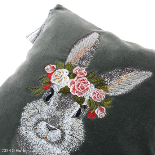 Подушка бархатная «Пушистый кролик» лицевая часть 62004-1-1, серо-зелёный / шёлк бархат Никифоровская м–ра фото 5