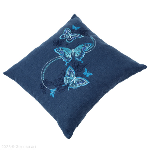 Подушка льняная «Бабочки» 62017-1-2, синий / шелк лён Никифоровская мануфактура фото 5