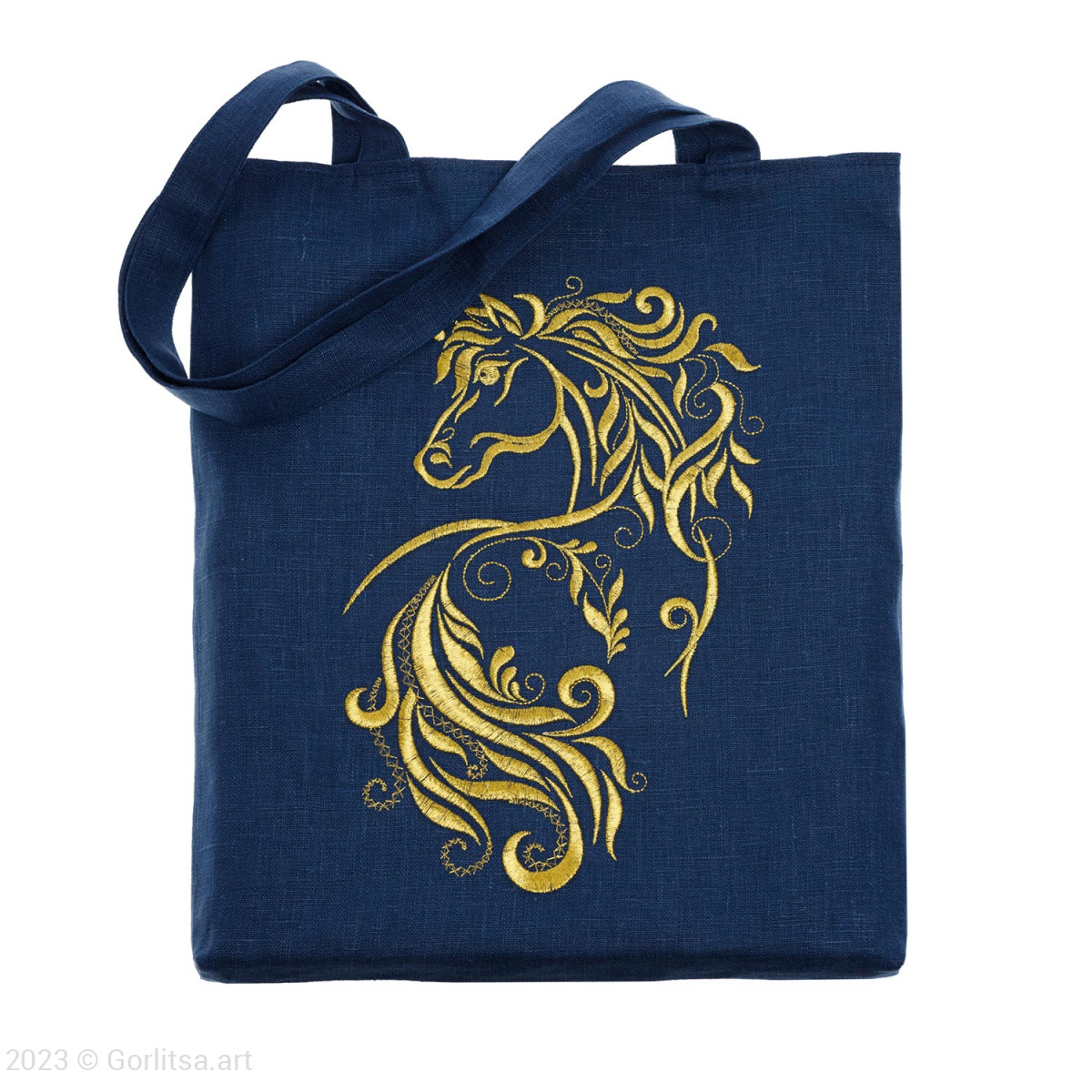 Льняная сумка-шоппер «Золотая лошадь» 62011-4, синий / золото лён Никифоровская мануфактура