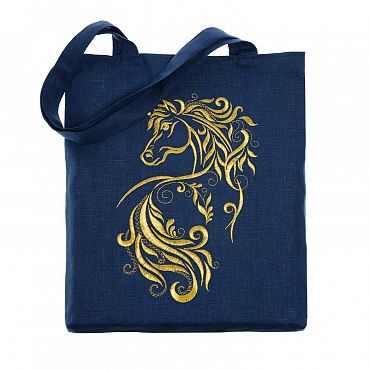 Льняная сумка-шоппер «Золотая лошадь» 62011-4, синий / золото