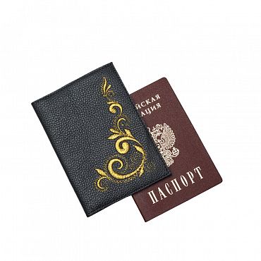 Обложка для паспорта «Завиток» 60131-2-1, кожа, цвет: чёрный/ золото 