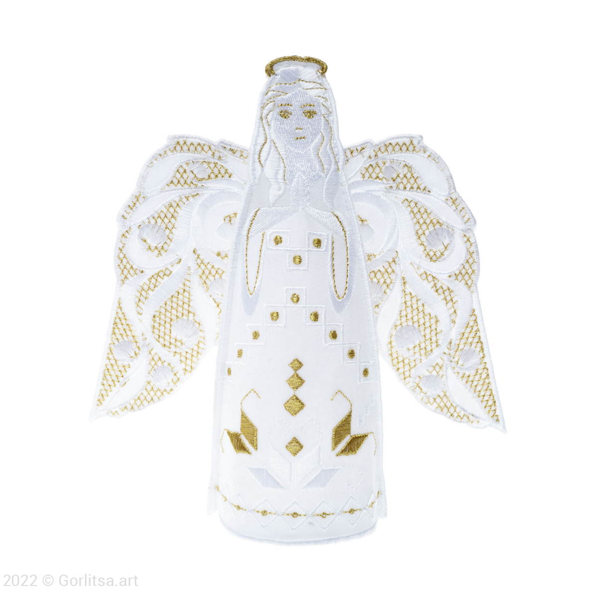 Кукла интерьерная «Ангел Рождественский» белый/ шёлк, золото хлопок Никифоровская мануфактура