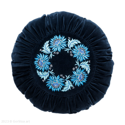 Подушка бархатная круглая «Георгин» 62048-1, тёмно-синий / шёлк, серебро бархат Никифоровская мануфактура