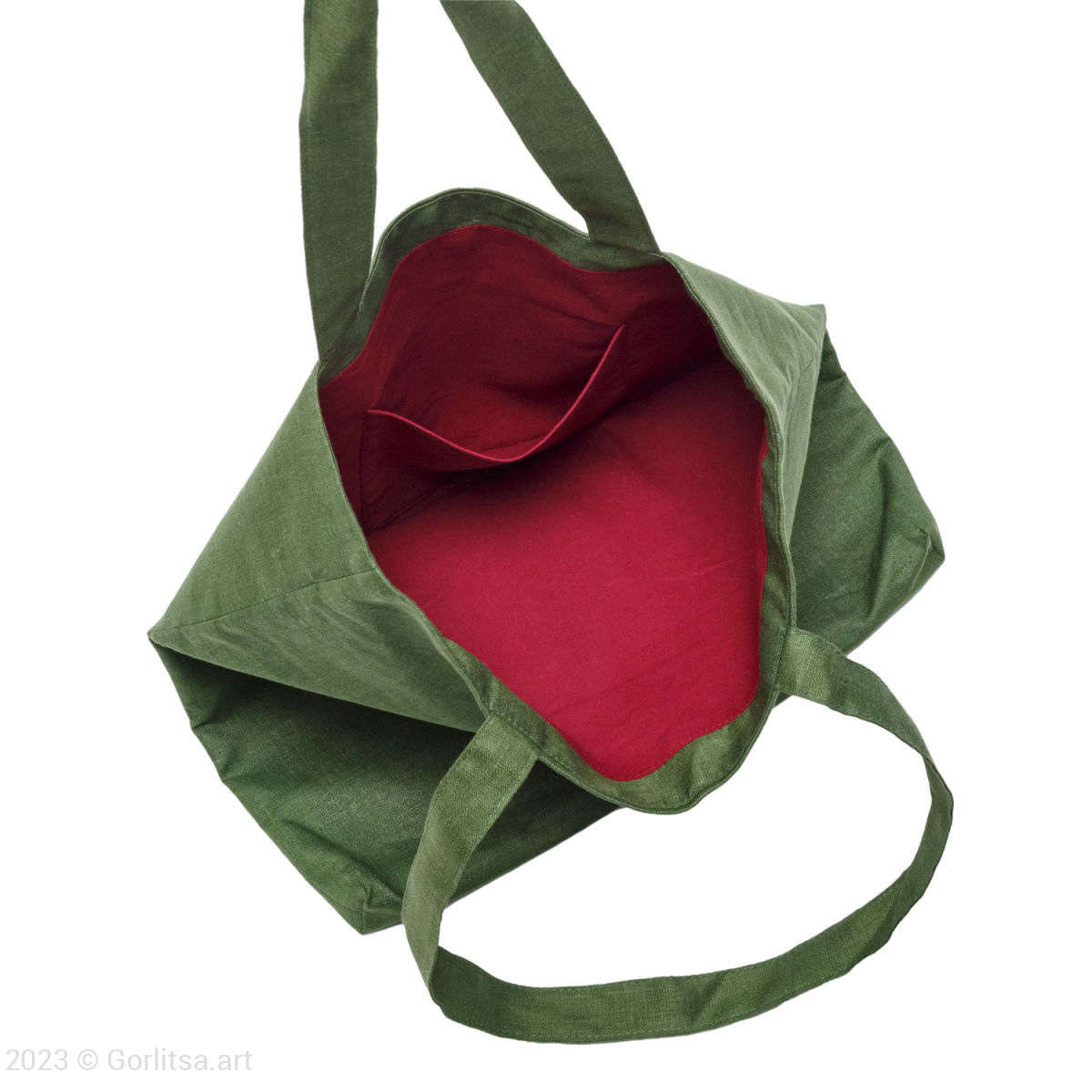 Льняная сумка-шоппер «Красный мак» 62020-1-2 зелёный/ шёлк лён Никифоровская м–ра фото 4