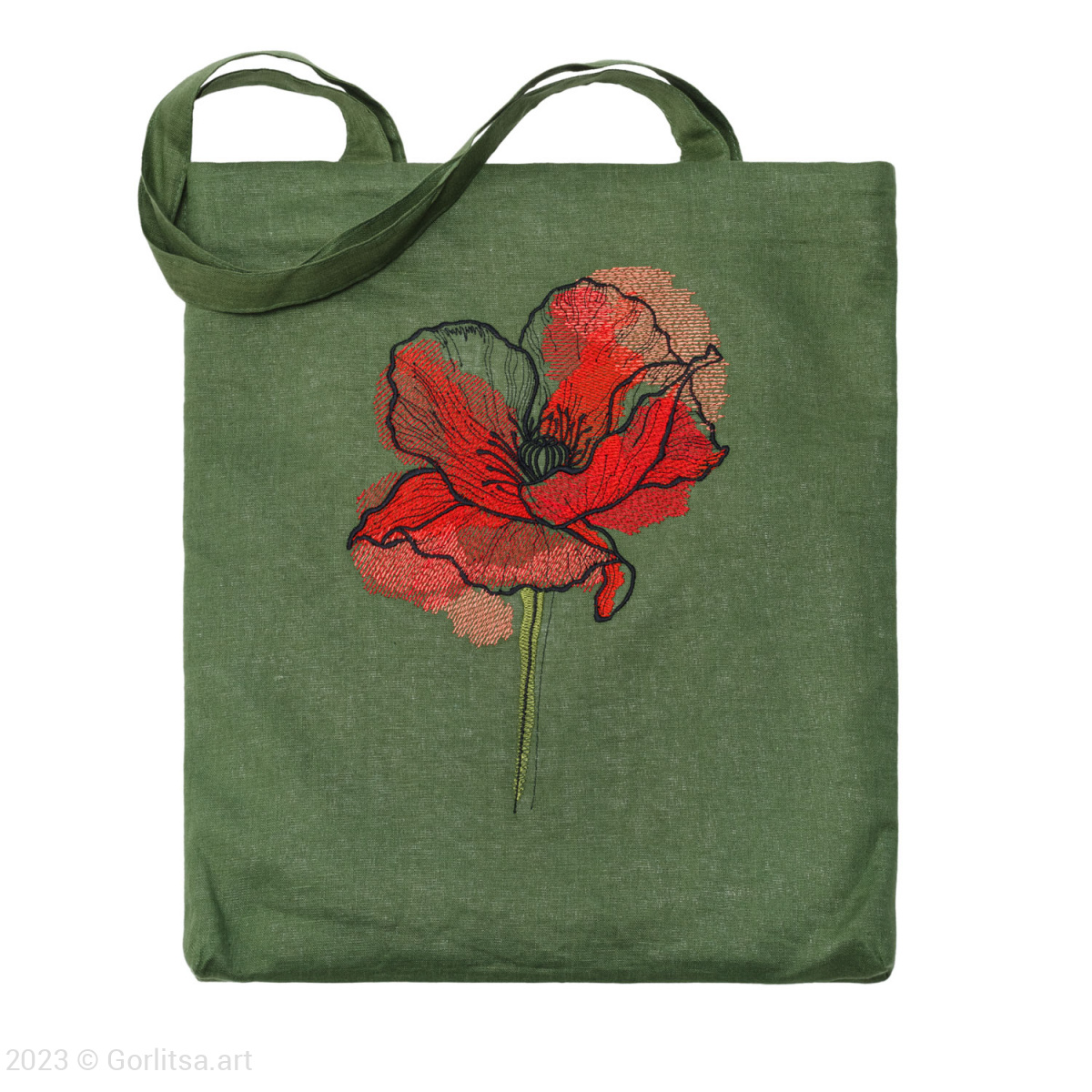 Льняная сумка-шоппер «Красный мак» 62020-1-2 зелёный/ шёлк лён Никифоровская м–ра