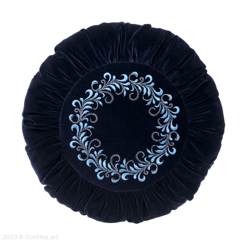 Подушка бархатная круглая «Вьюнок» 62048-3-2, тёмно-синий / шёлк, серебро бархат Никифоровская мануфактура