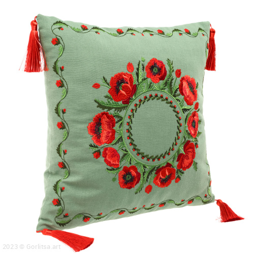 Подушка льняная «Маки», 62017-10-1, светло-зелёный / шёлк лён Никифоровская мануфактура фото 2
