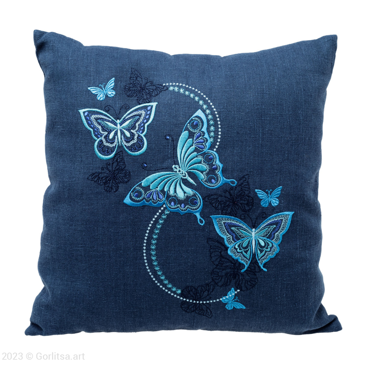 Подушка льняная «Бабочки» 62017-1-2, синий / шелк лён Никифоровская мануфактура