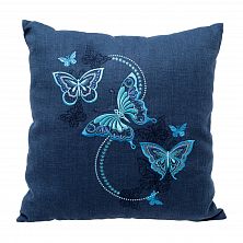 Подушка льняная «Бабочки» 62017-1-2, синий / шелк