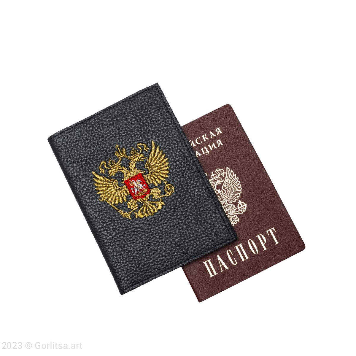 Обложка для паспорта «Герб» 60131-1-2, кожа, цвет: чёрный/ золото  нат. кожа Никифоровская мануфактура