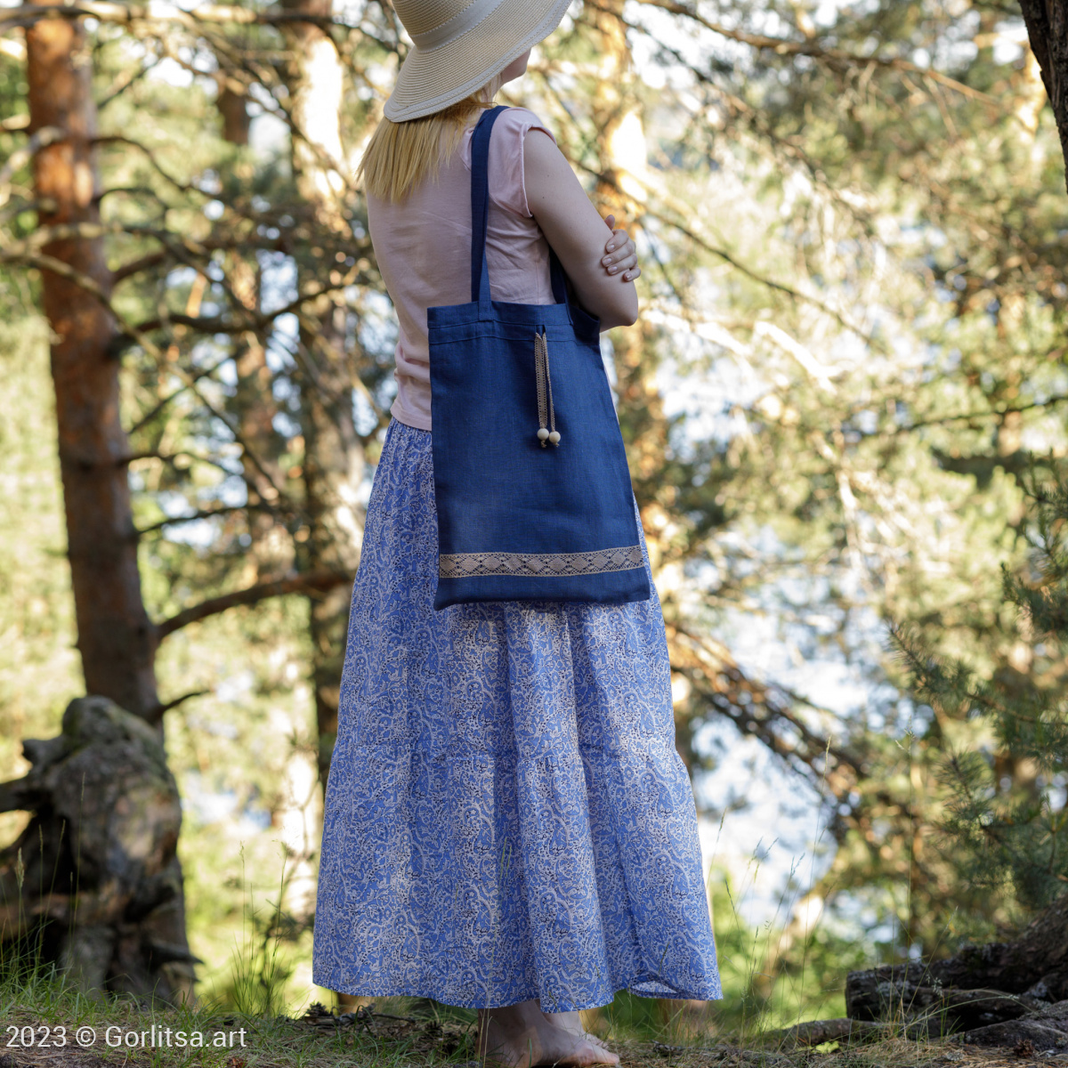 Льняная сумка-шоппер «Элеганс», синий лён Кружевной край фото 5