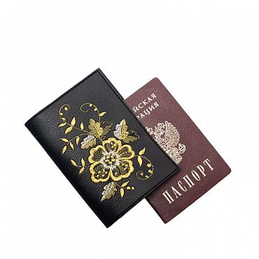Обложка для паспорта «Шиповник» 900/230, экокожа цвет: чёрный /золото