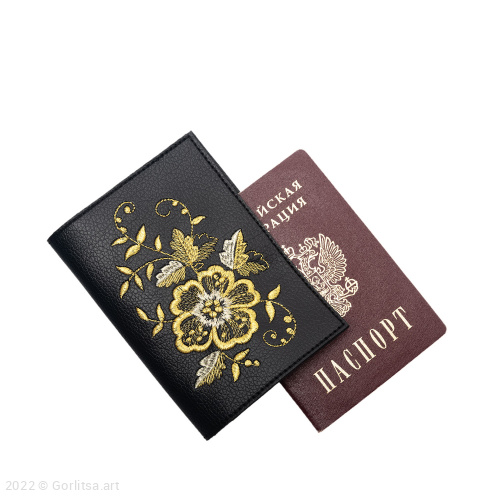 Обложка для паспорта «Шиповник» 900/230, экокожа цвет: чёрный /золото экокожа Арт-студия «Ремесло»