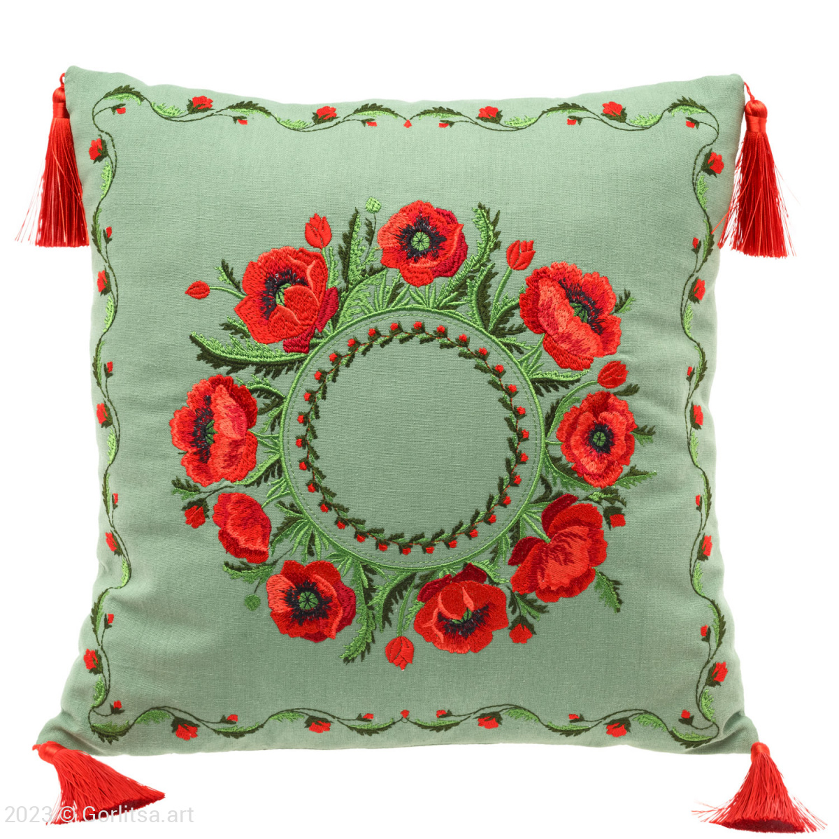 Подушка льняная «Маки», 62017-10-1, светло-зелёный / шёлк лён Никифоровская мануфактура