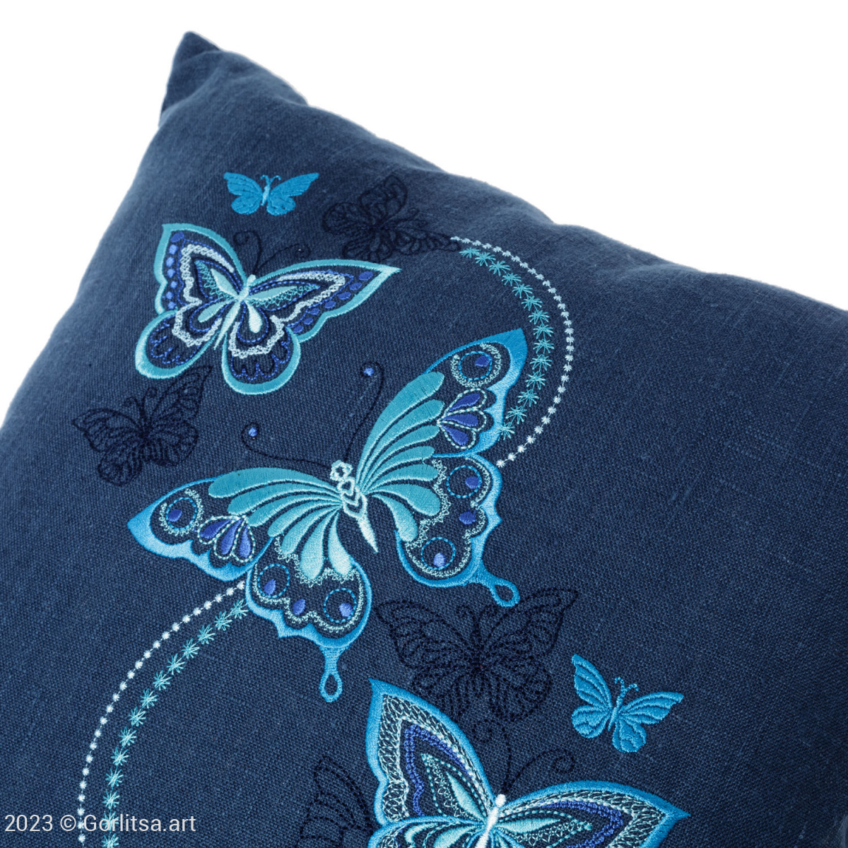 Подушка льняная «Бабочки» 62017-1-2, синий / шелк лён Никифоровская мануфактура фото 6